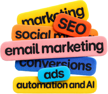 SEO, marketing, social media, email marketing, automation and AI keywords graphic